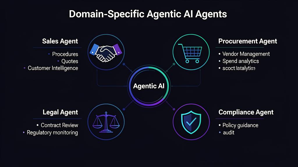 Domain-Specific Agentic AI Agents: Sales Agent, Procurement Agent, Legal Agent, and Compliance Agent connected through a central Agentic AI hub