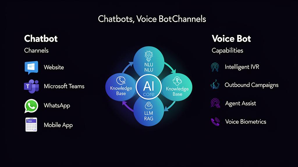 Chatbots and Voice Bots: Chatbot channels (Website, Teams, WhatsApp, Mobile App) and Voice Bot capabilities (Intelligent IVR, Outbound Campaigns, Agent Assist, Voice Biometrics) sharing an AI core with NLU, Knowledge Base, LLM, and RAG