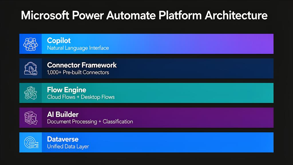 Microsoft Power Automate Platform Architecture: Dataverse data layer, Connector Framework with 1000+ connectors, Flow Engine for cloud and desktop flows, AI Builder for document processing and classification, and Copilot for natural language automation