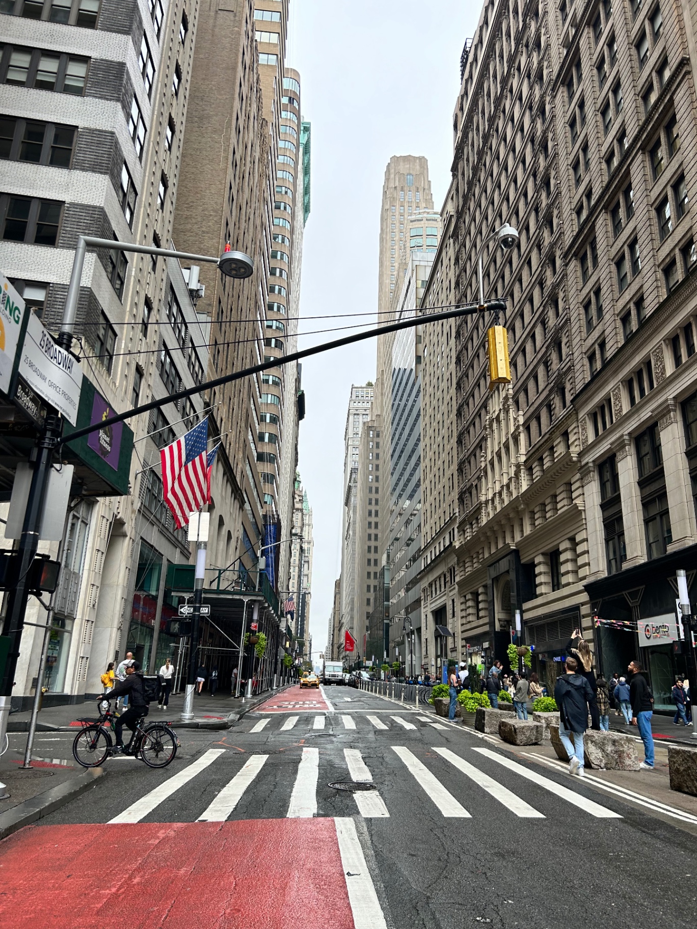 Broadway street view with American flags - the heart of Manhattan's business district