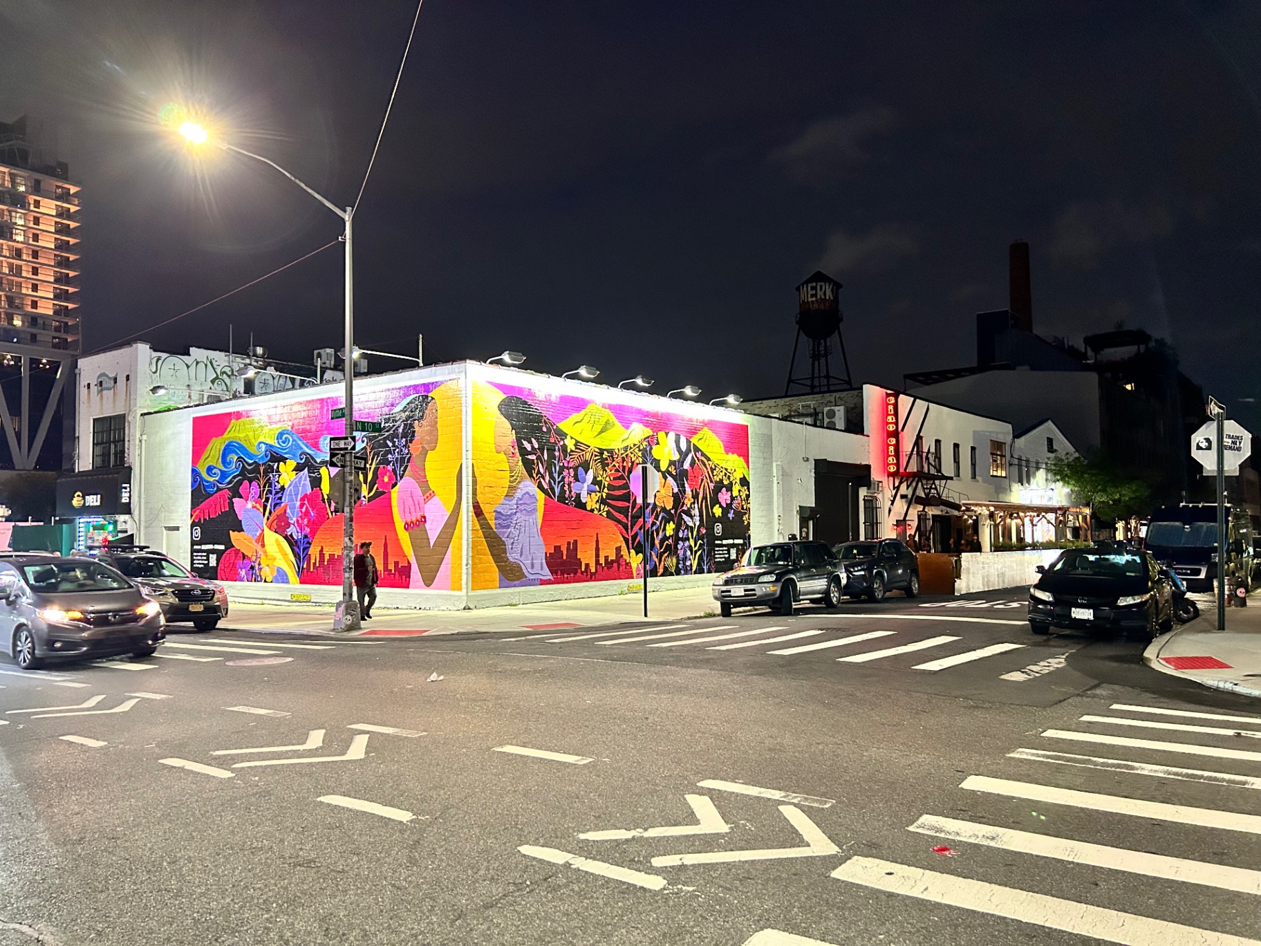 Vibrant street mural in Williamsburg Brooklyn - colorful figures and flowers brightening the night against the industrial water tower