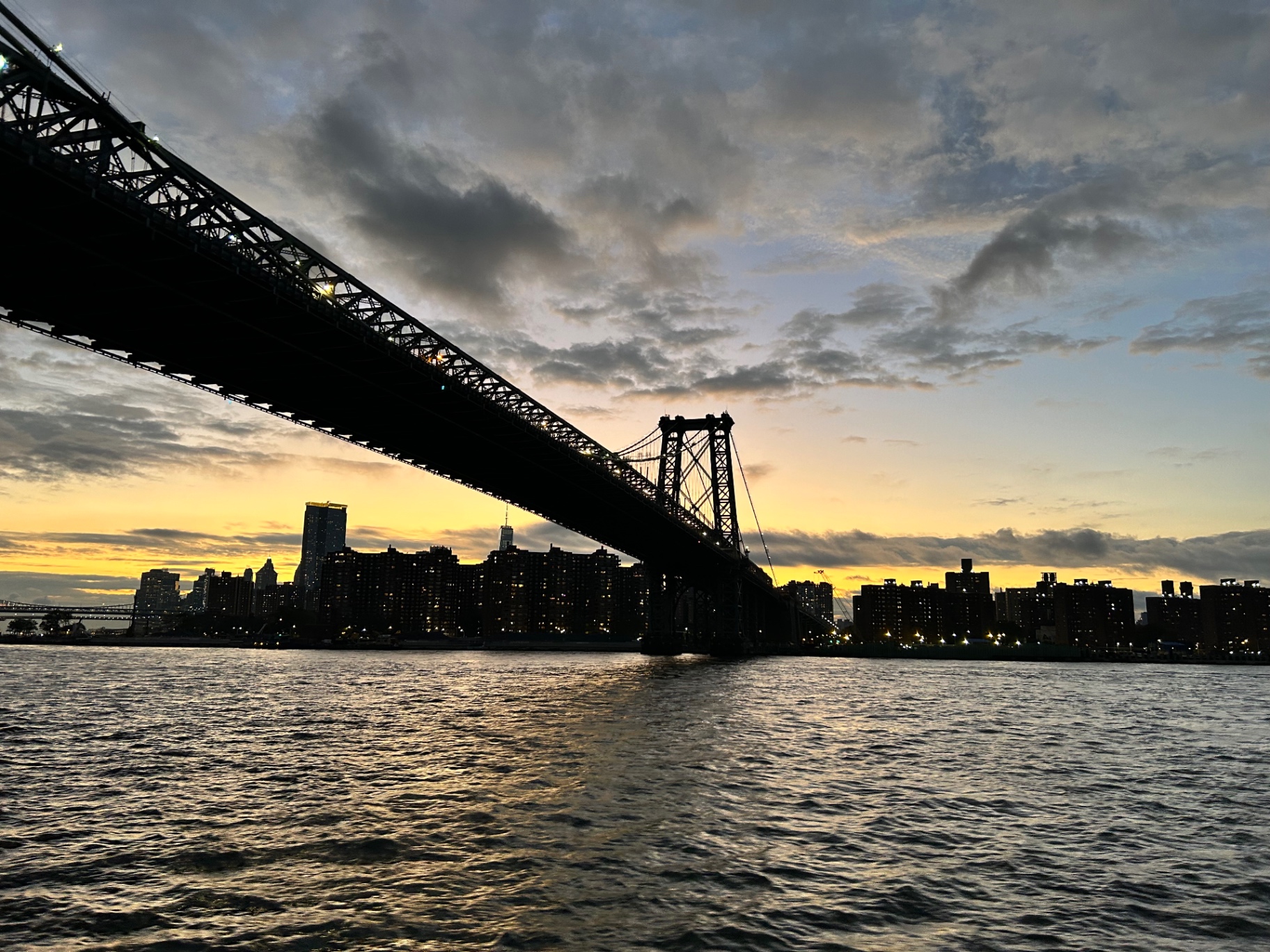 Williamsburg Bridge at sunset - the dramatic silhouette against the golden sky over the East River