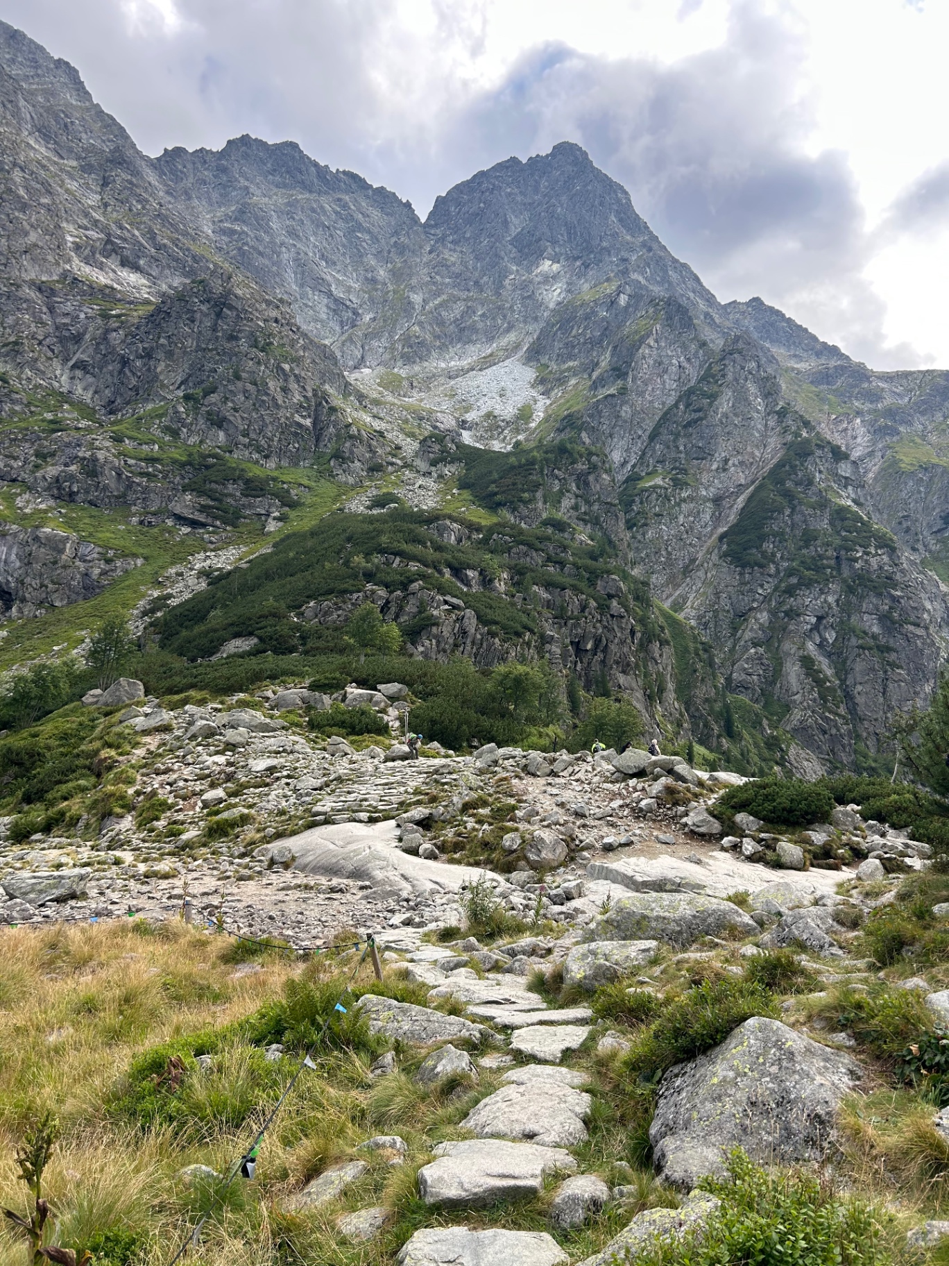 Stone trail leading to dramatic Tatra peaks - hikers ascending through the alpine terrain towards the granite summits