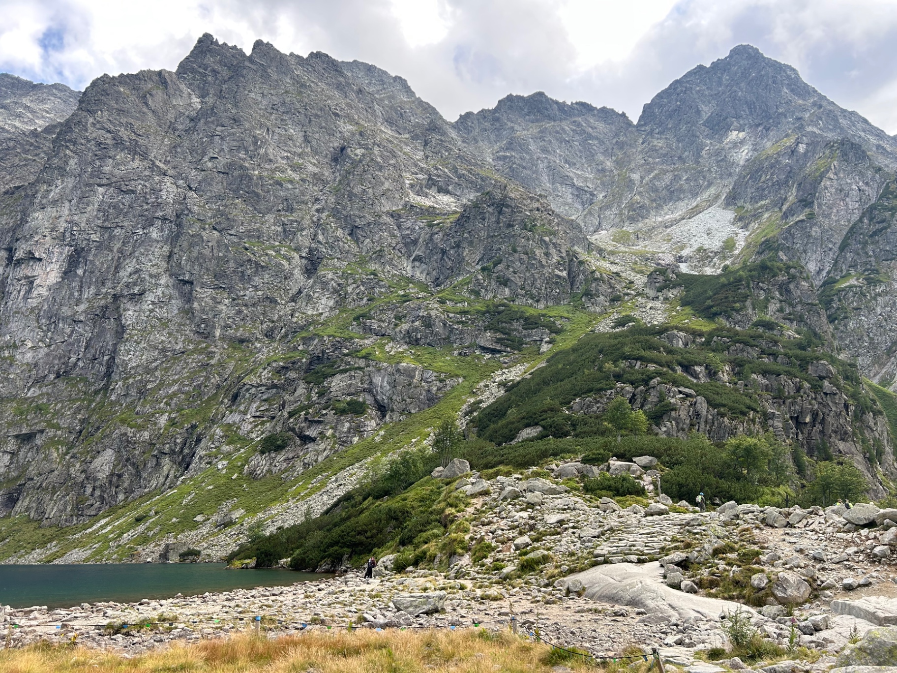 Dramatic rocky peaks towering above the alpine lake - the raw beauty of the High Tatras